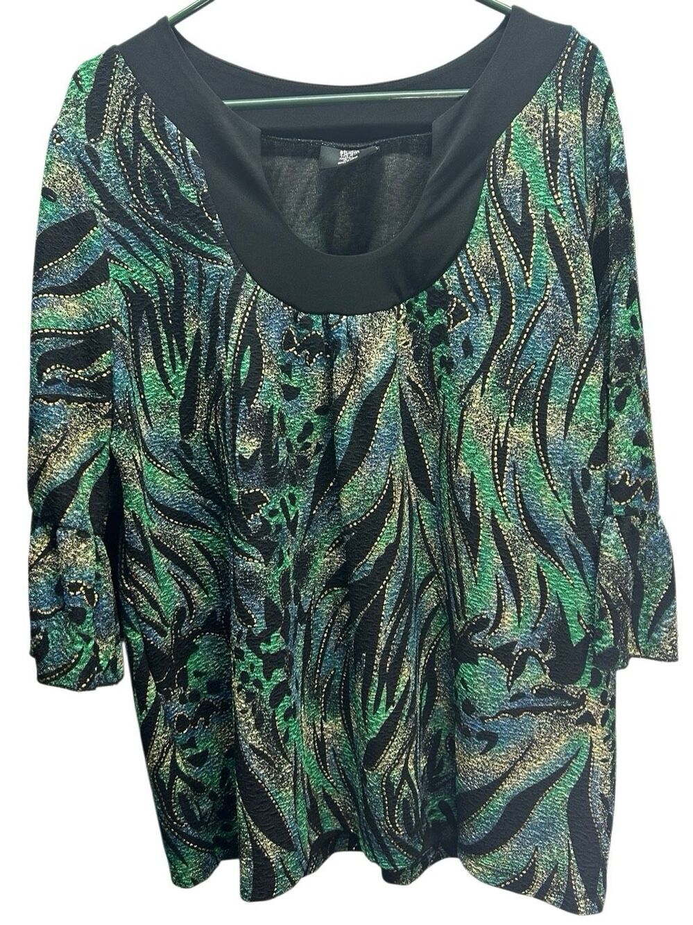 Studio 1940 Collection Metallic Green Abstract Blouse Plus Size 18/20 Bell Slv